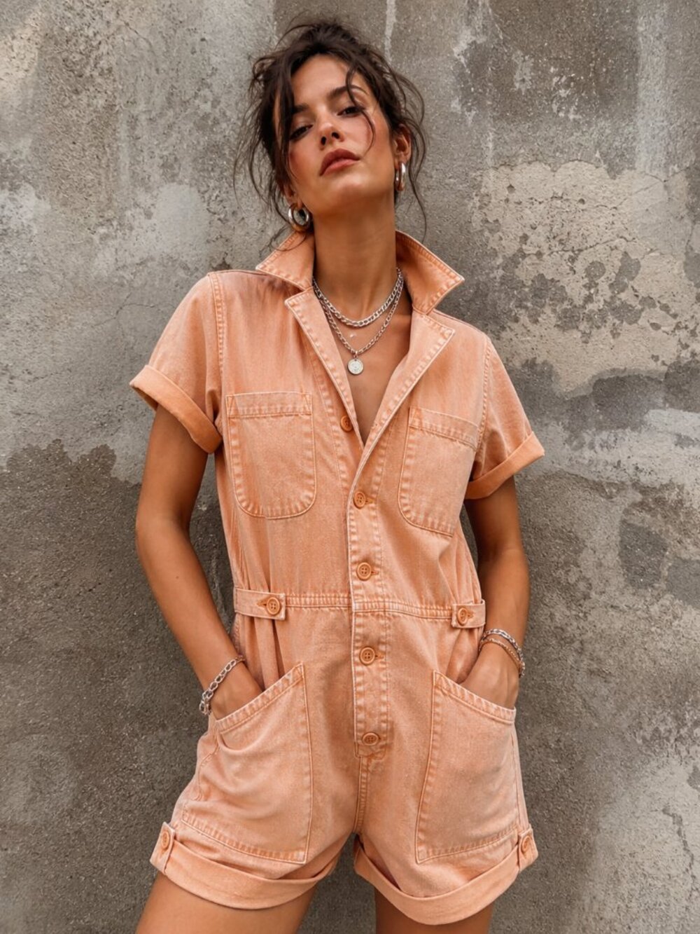 Pistola Parker Style Utility Chic Romper NWOT Sherbet Orange Washed Cotton S